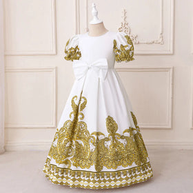 Girls White Ethnic Motifs Printed Fit And Flare Dress With Puff Sleeevs Casual Dresses