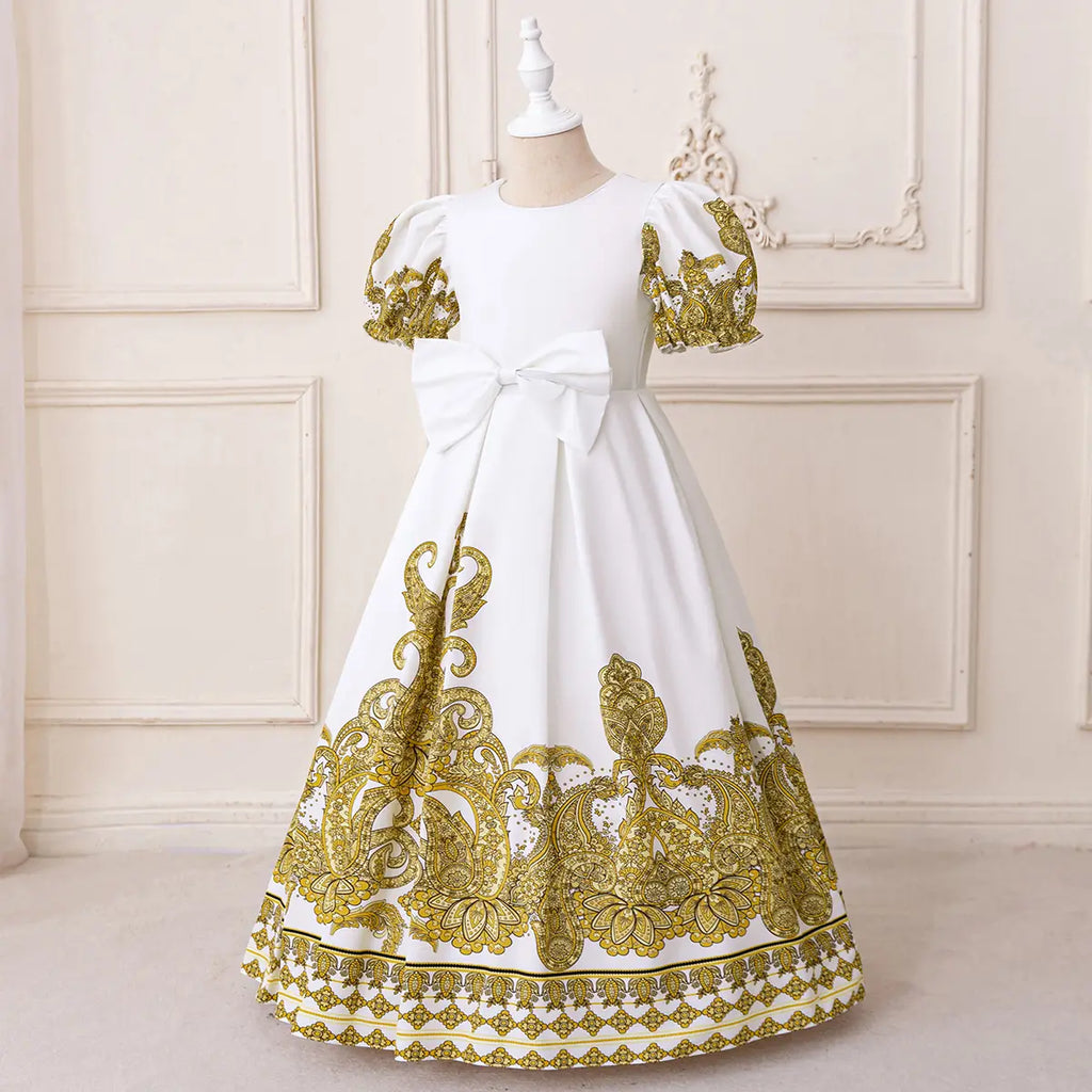 Girls White Ethnic Motifs Printed Fit And Flare Dress With Puff Sleeevs Casual Dresses