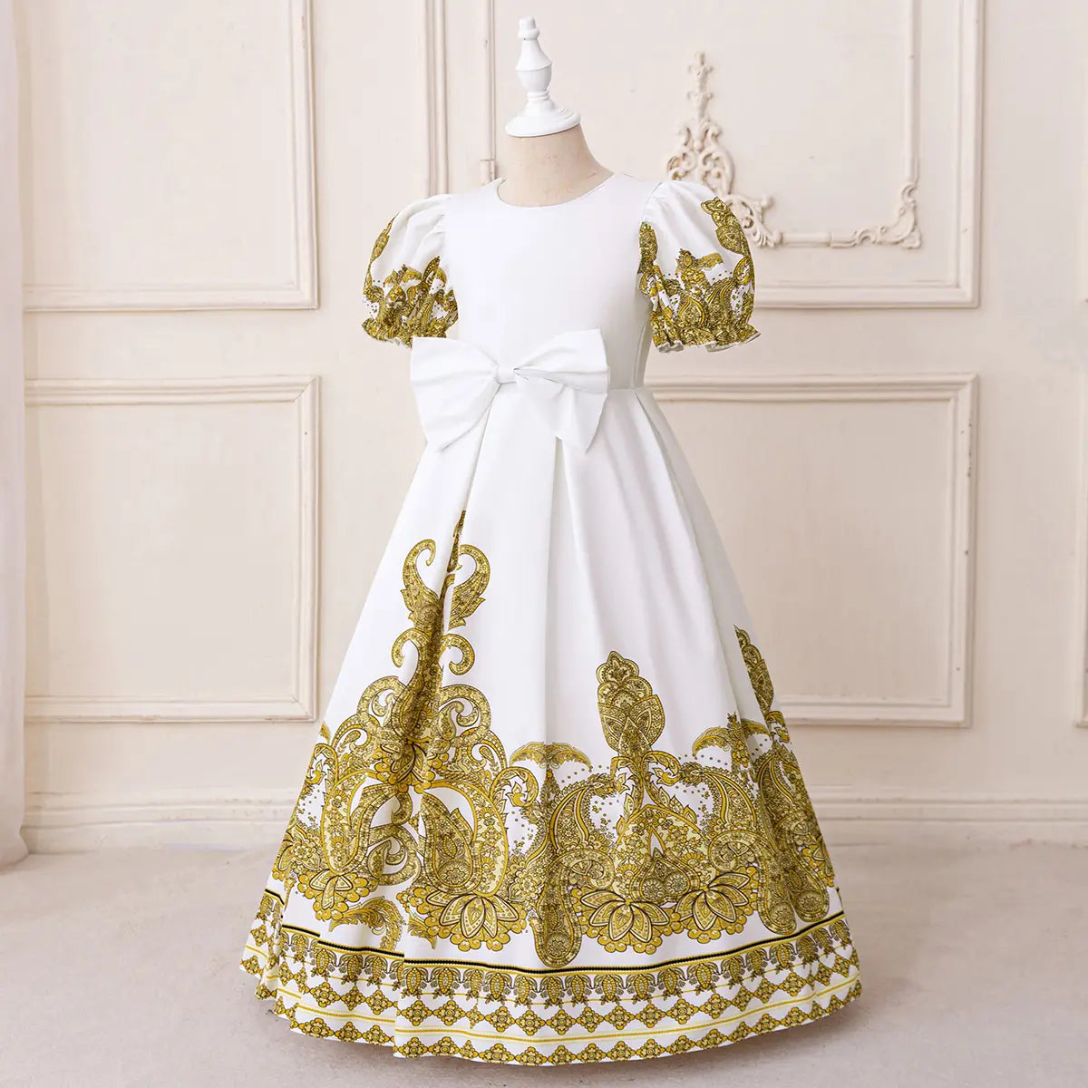 Girls White Ethnic Motifs Printed Fit And Flare Dress With Puff Sleeevs Casual Dresses
