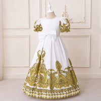 Girls White Ethnic Motifs Printed Fit And Flare Dress With Puff Sleeevs Casual Dresses