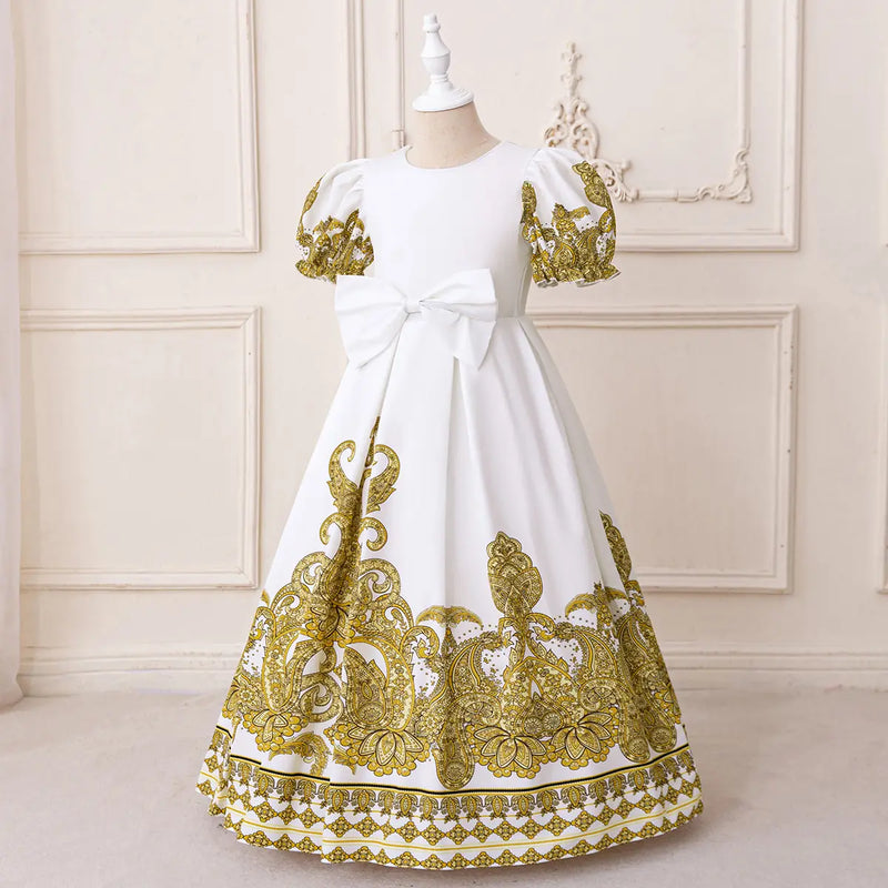 Girls White Ethnic Motifs Printed Fit And Flare Dress With Puff Sleeevs Casual Dresses