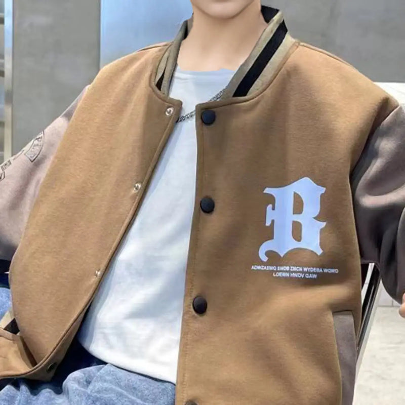 Boys Khaki Letter R Printed Long Sleeves Varsity Jacket Coats & Jackets