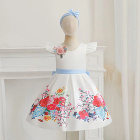 Girls White Floral Print Flutter Sleeve Fit & Flare Party Wear Dress Party Dresses White 1-2 Y