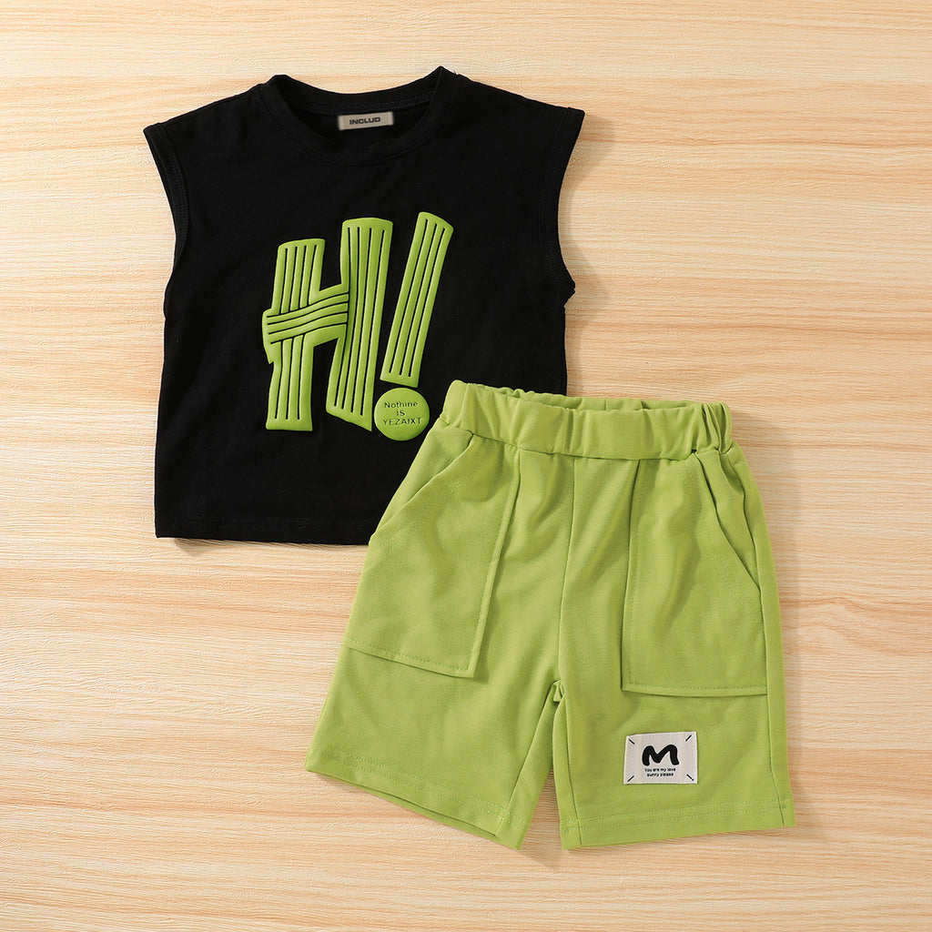 Boys Black Printed Sleeveless Tee with Shorts Set Sets Green 2-3 Y