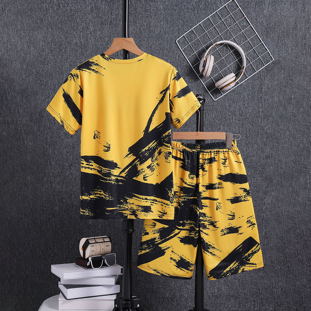 Boys Yellow Abstract Printed T-Shirt With Elasticated Shorts Set 2 pc. Sets