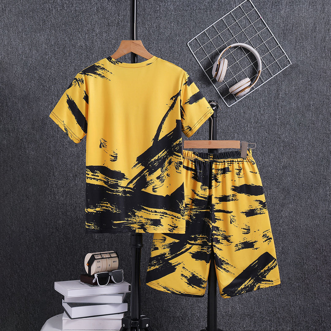 Boys Yellow Abstract Printed T-Shirt With Elasticated Shorts Set 2 pc. Sets