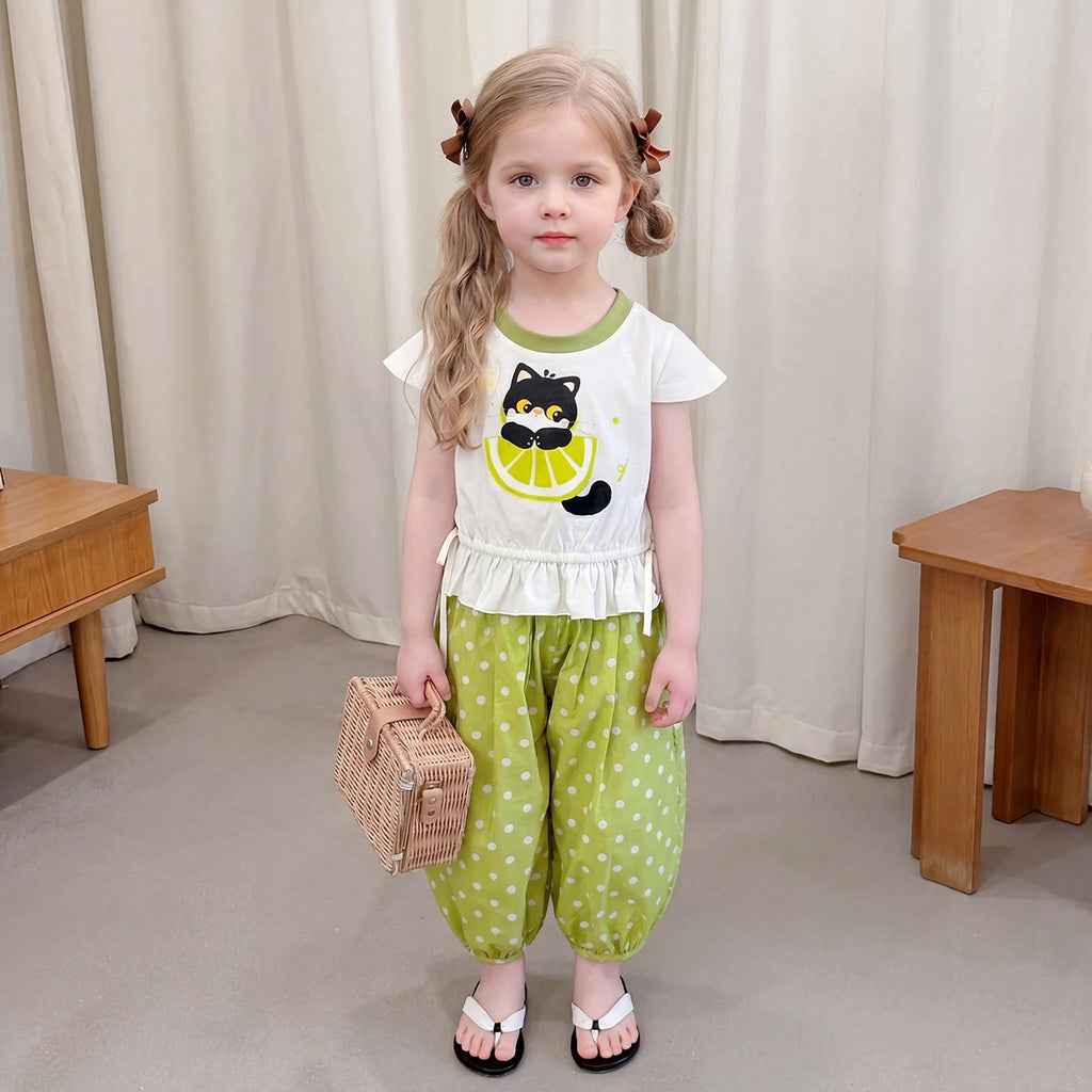 Girls White Cat Print Cap Sleeve Top With Pants Sets 2 pc. Sets White 1-2 Y