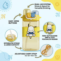 Cute Kids Yellow Dual Spout Water Bottle with Straw, Leakproof Lid & Adjustable Strap Trending Accessories