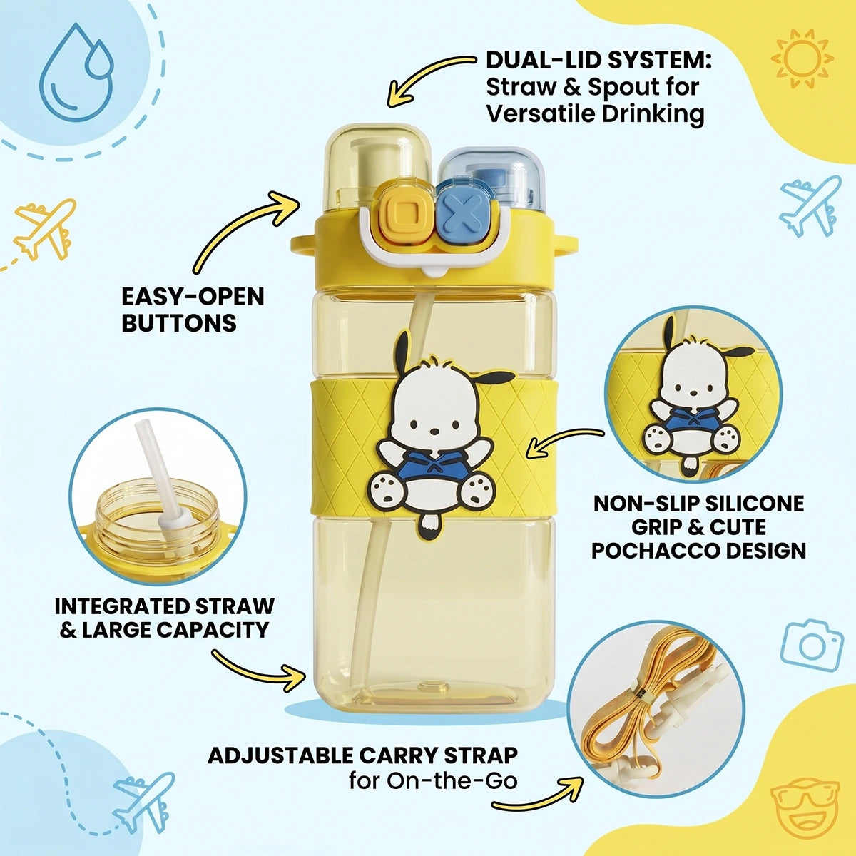 Cute Kids Yellow Dual Spout Water Bottle with Straw, Leakproof Lid & Adjustable Strap Trending Accessories