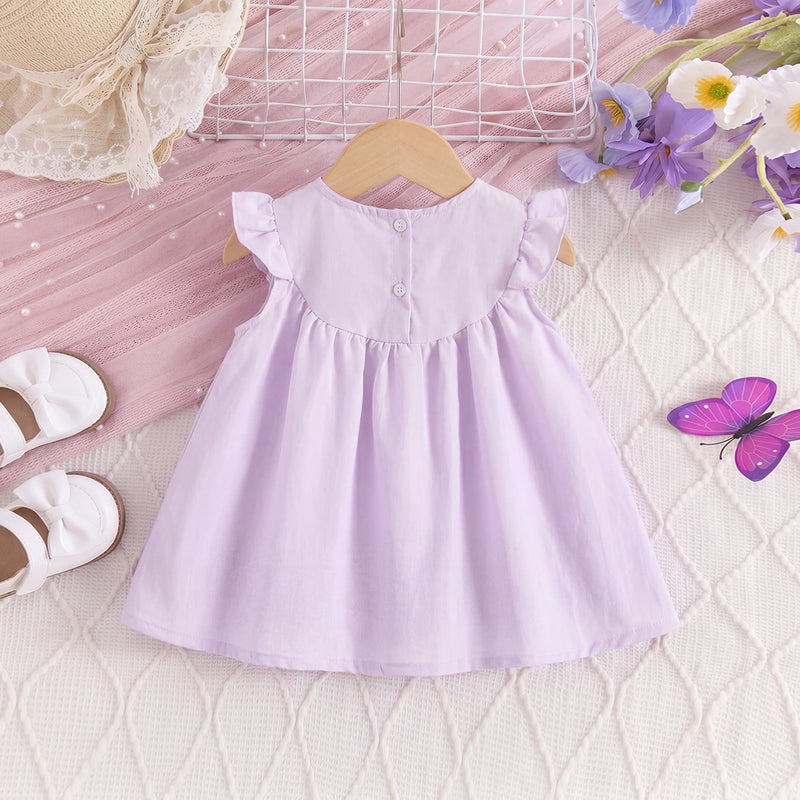 Girls Lavender Bow Applique Flutter Sleeve A-Line Dress Casual Dresses