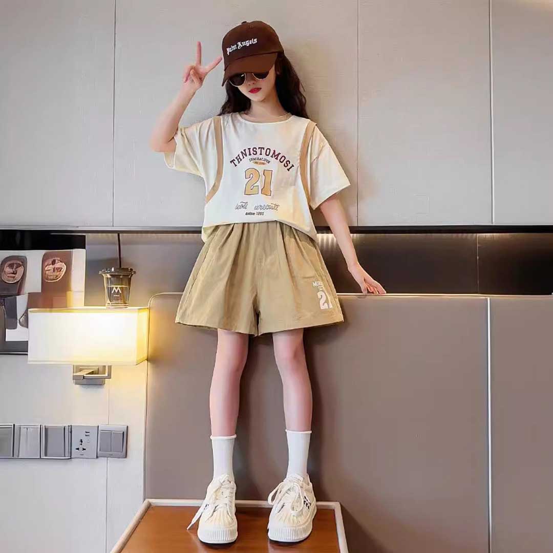Girls Short Sleeve Typography Print T-Shirt With Shorts Set 2 pc. Sets   