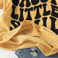 Girls Yellow Printed T-shirt with Embroidered Denim Shorts Set Sets