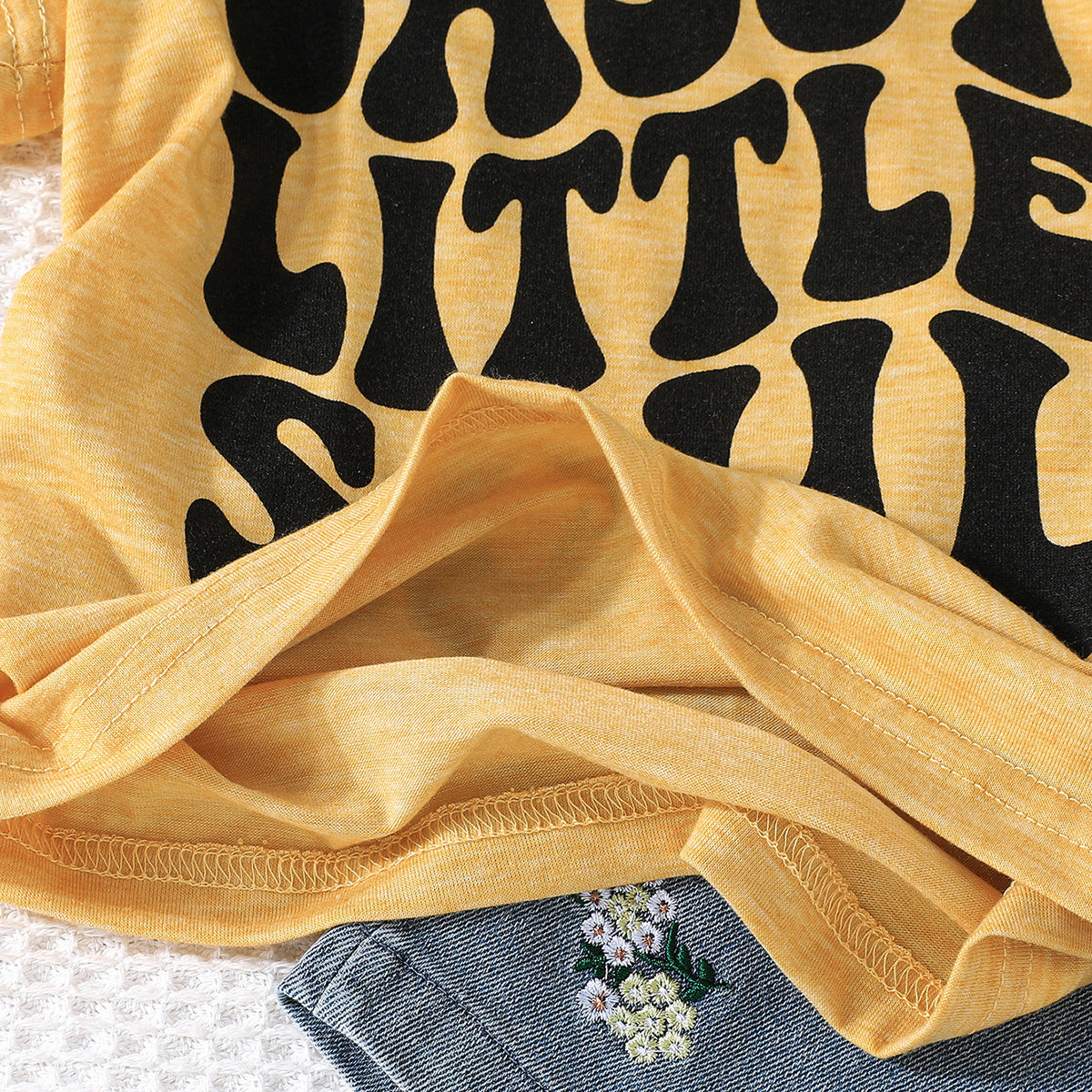 Girls Yellow Printed T-shirt with Embroidered Denim Shorts Set Sets