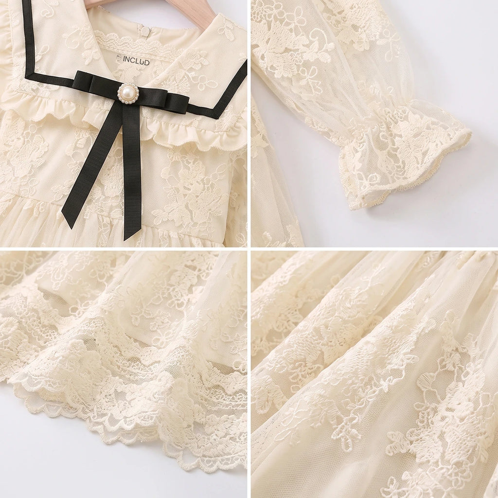 Girls Cream Floral Lace Long Sleeve A-Line Dress Casual Dresses
