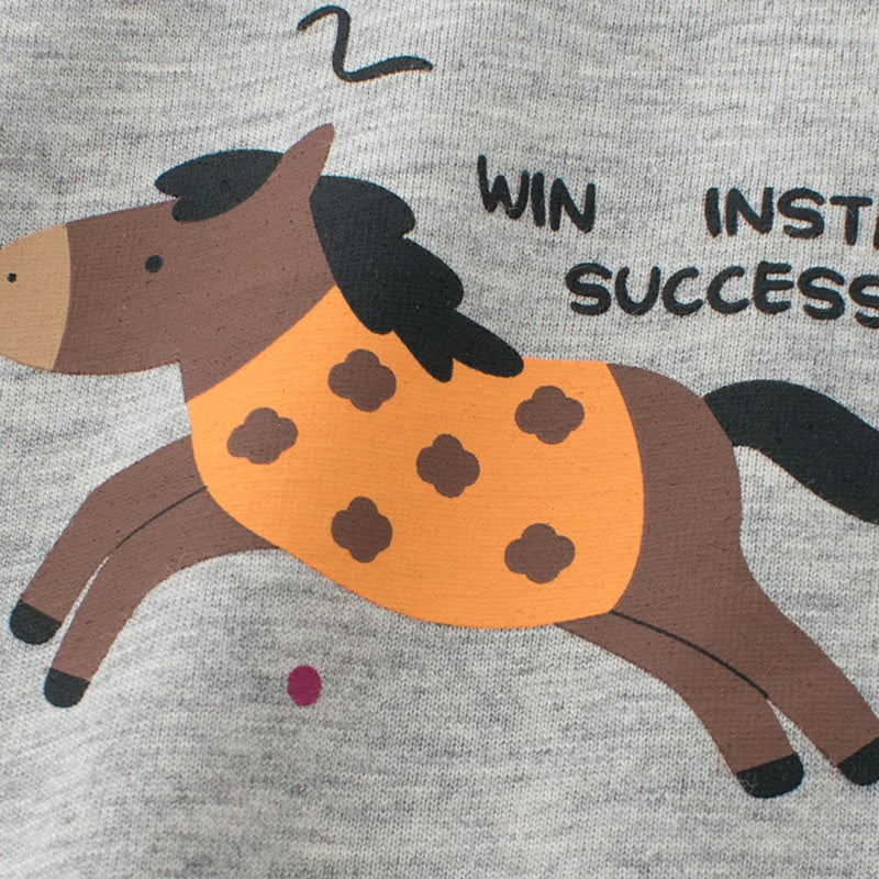 Boys Light Grey Melange Horse Printed Short Sleeve T-Shirt Tshirts