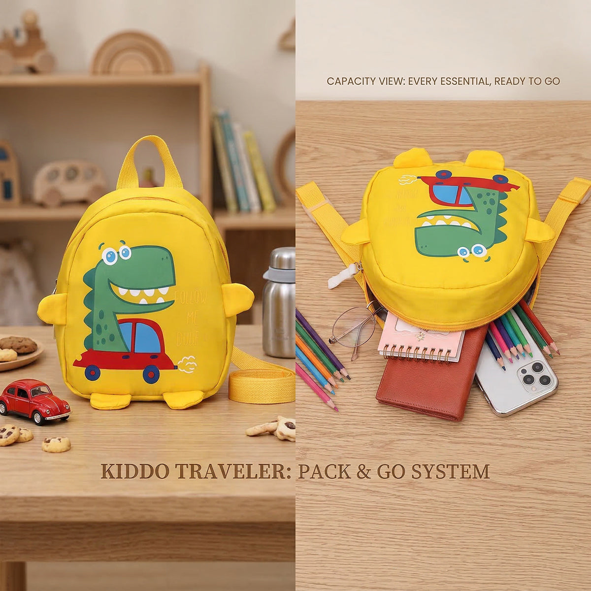 Kids Yellow Dinosaur Print Cotton Mini Backpack with Leash Trending Accessories