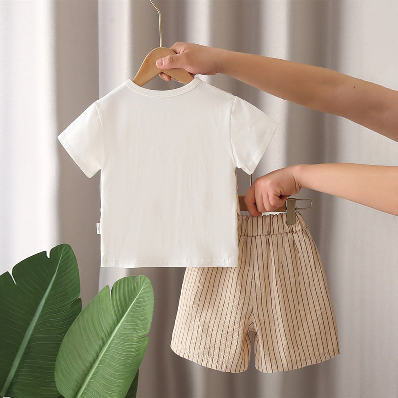 Boys Beige Striped Shorts with Short Sleeves T-shirt with attached Waistcoat Set Sets