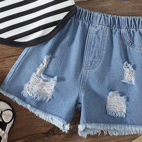 Girls Black Sleeveless Striped Top With Denim Shorts Sets 2 pc. Sets