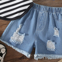 Girls Black Sleeveless Striped Top With Denim Shorts Sets 2 pc. Sets