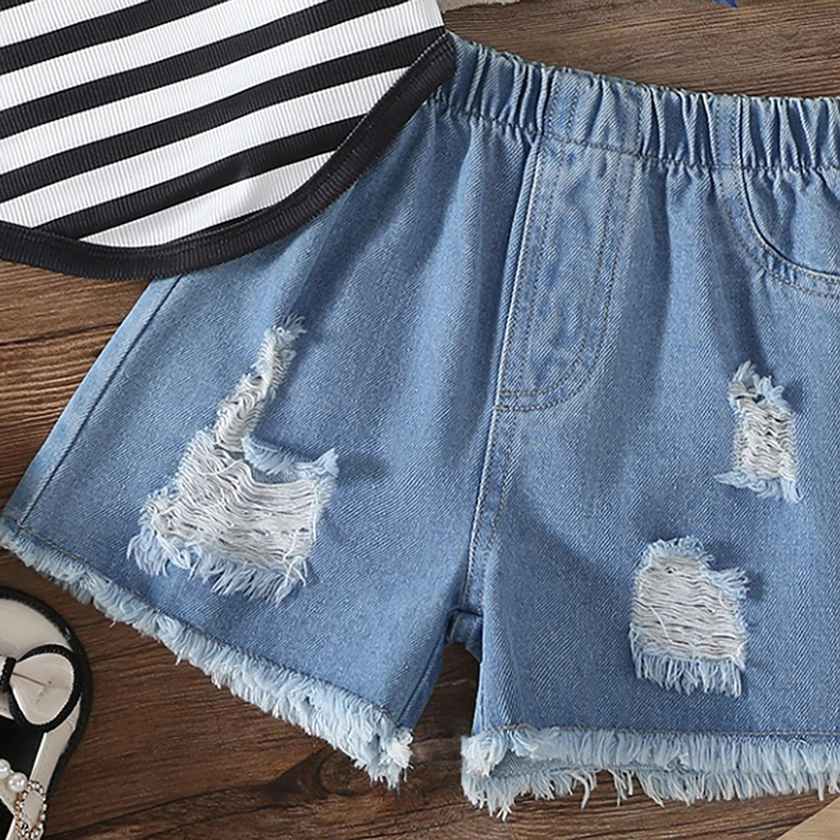 Girls Black Sleeveless Striped Top With Denim Shorts Sets 2 pc. Sets