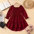 Girls Maroon Smocked Yoke Puff Sleeve High-Low Dress Casual Dresses Maroon 2-3 Y