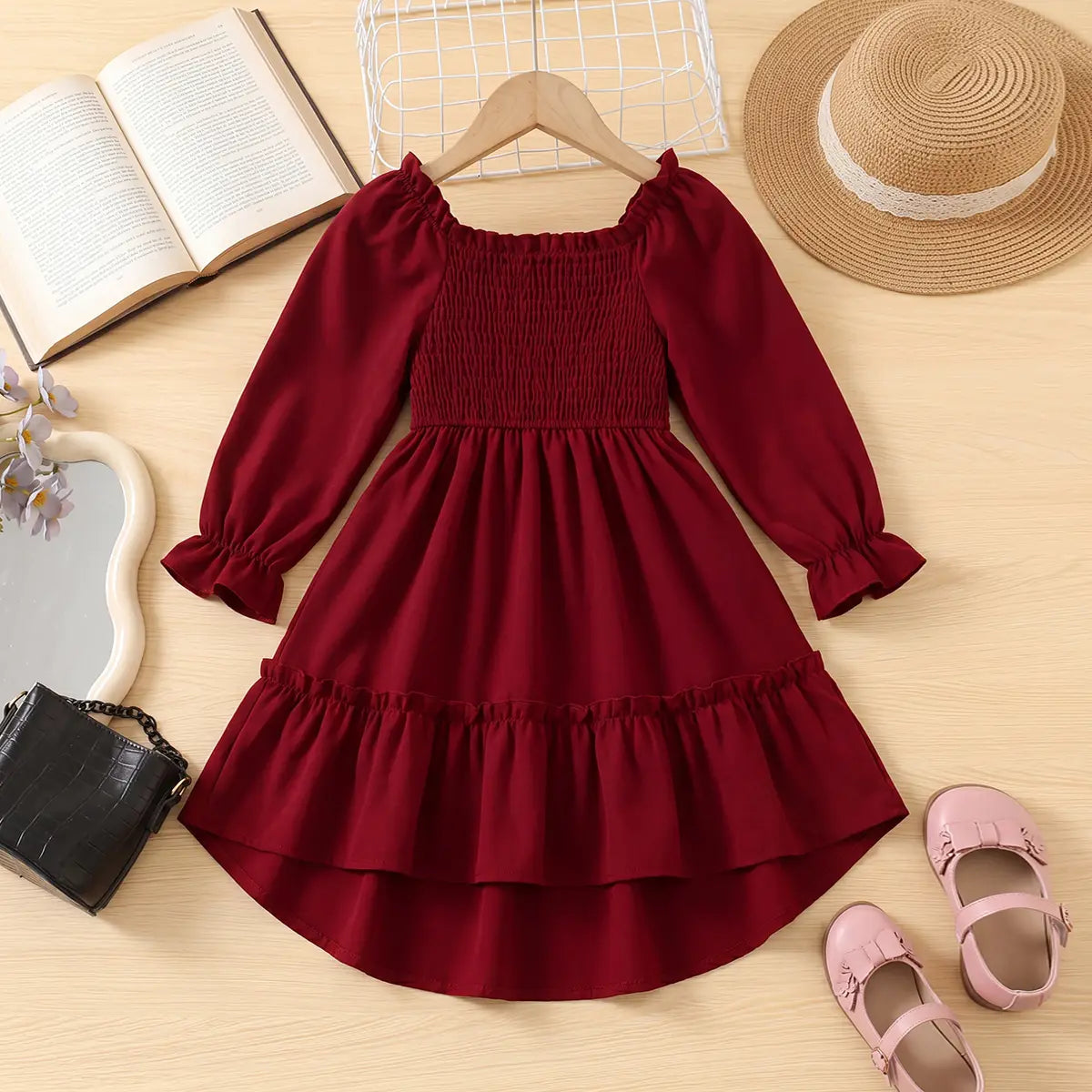 Girls Maroon Smocked Yoke Puff Sleeve High-Low Dress Casual Dresses Maroon 2-3 Y