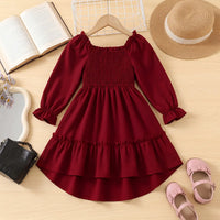 Girls Maroon Smocked Yoke Puff Sleeve High-Low Dress Casual Dresses Maroon 2-3 Y