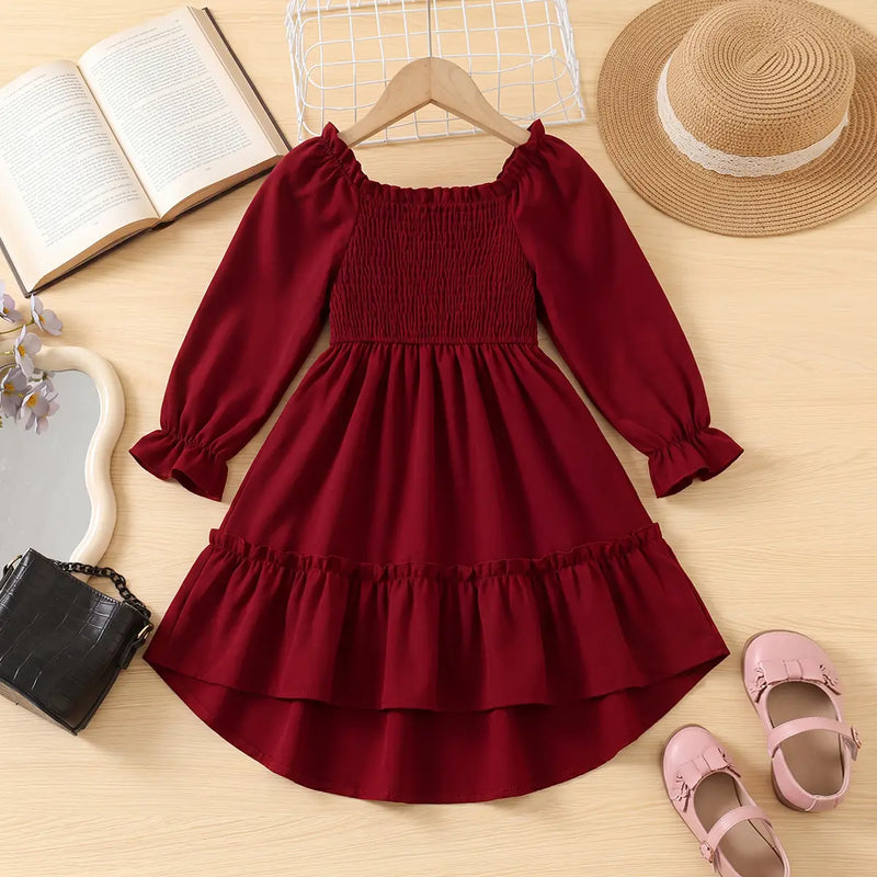 Girls Maroon Smocked Yoke Puff Sleeve High-Low Dress Casual Dresses Maroon 2-3 Y