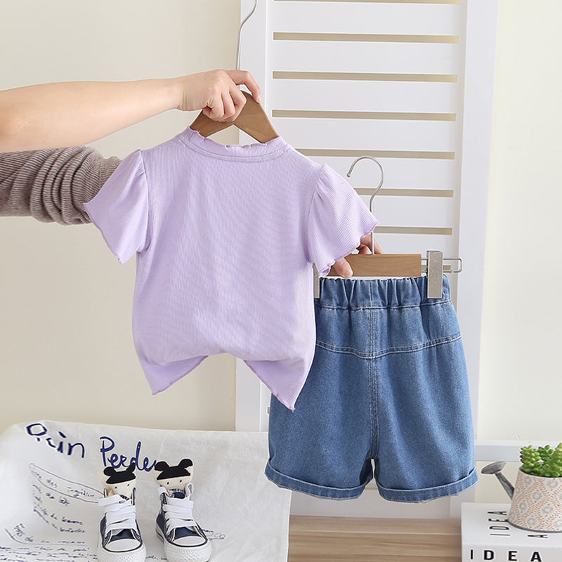 Girls Purple Applique T-Shirt With Denim Shorts Set 2 pc. Sets