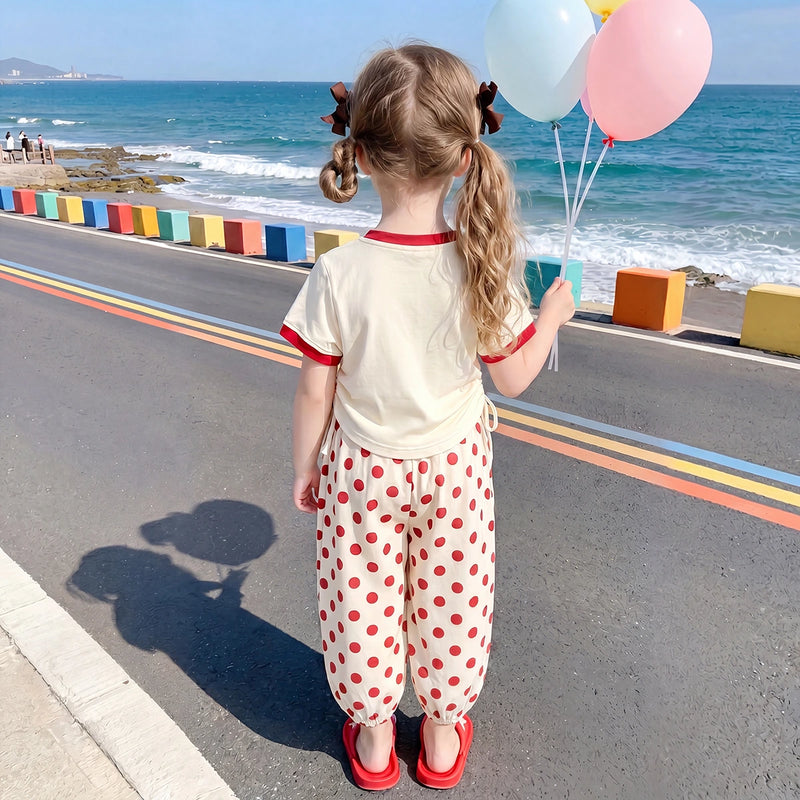 Girls Red Typography Print Short Sleeve T-Shirt With Polka Dot Pants Sets 2 pc. Sets