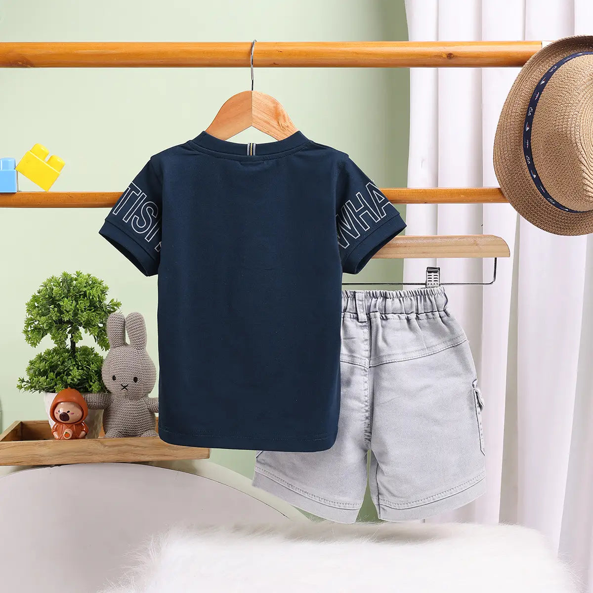 Boys Blue Graphics Short Sleeves T-Shirt With Cargo Shorts Set Sets