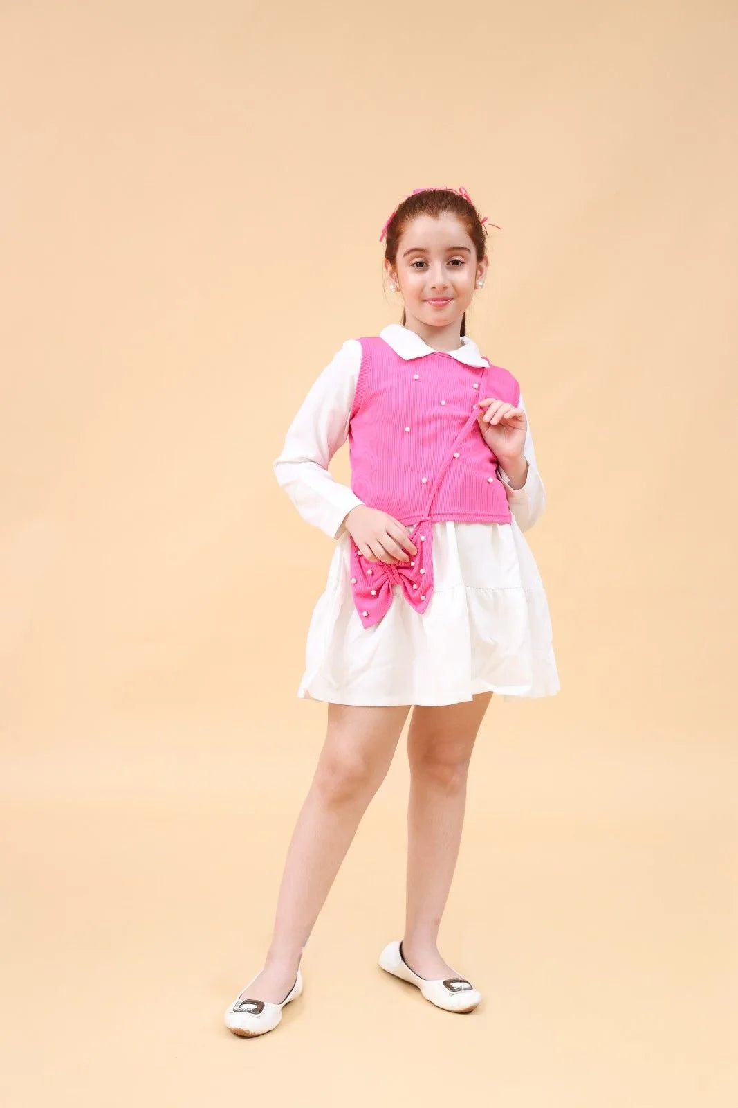 Girls Long Sleeves Drop Waist Dress With Sweater Vest Casual Dresses