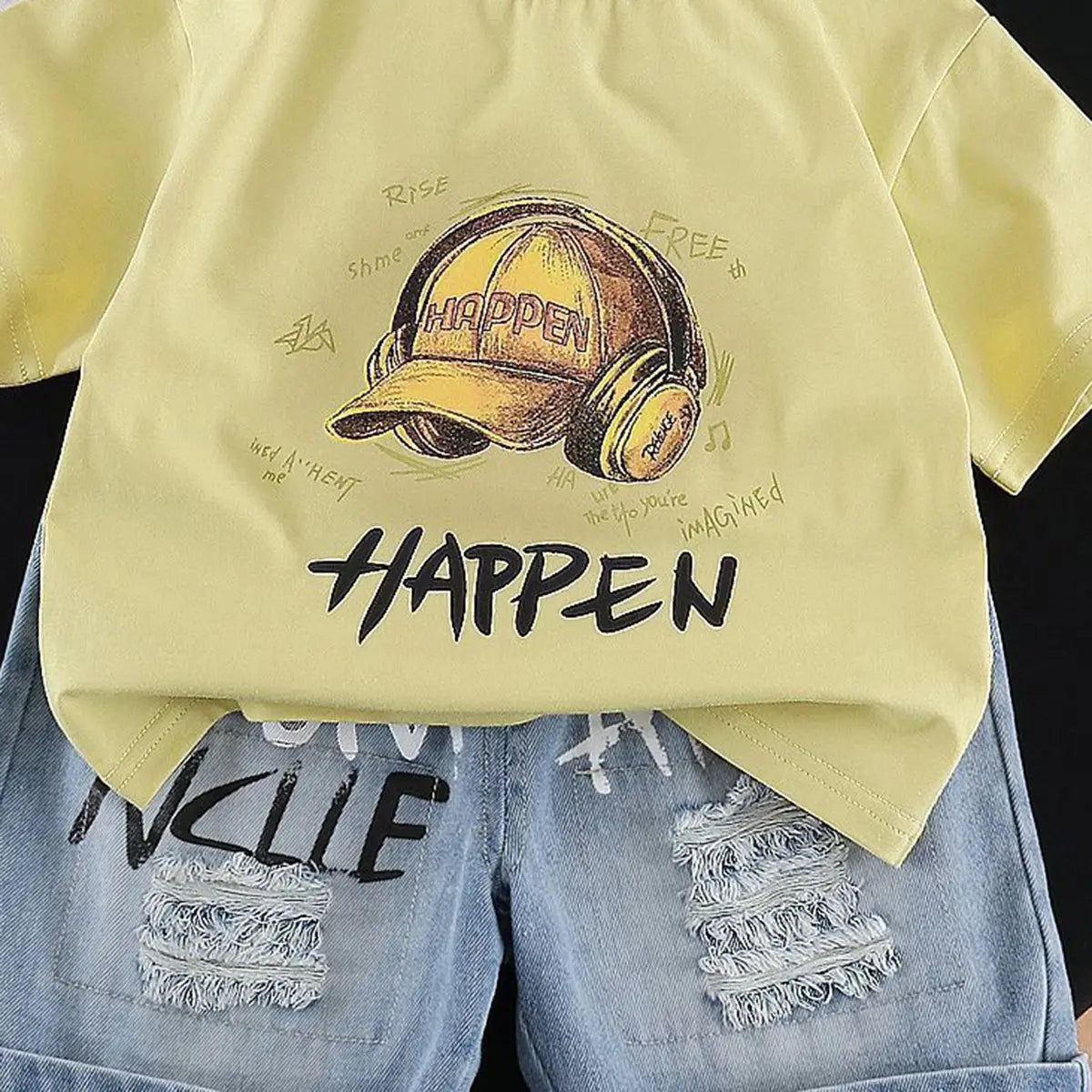Boys Yellow Cap Graphic Short Sleeve T-Shirt With Distressed Denim Shorts Sets 2 pc. Sets