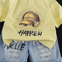 Boys Yellow Cap Graphic Short Sleeve T-Shirt With Distressed Denim Shorts Sets 2 pc. Sets
