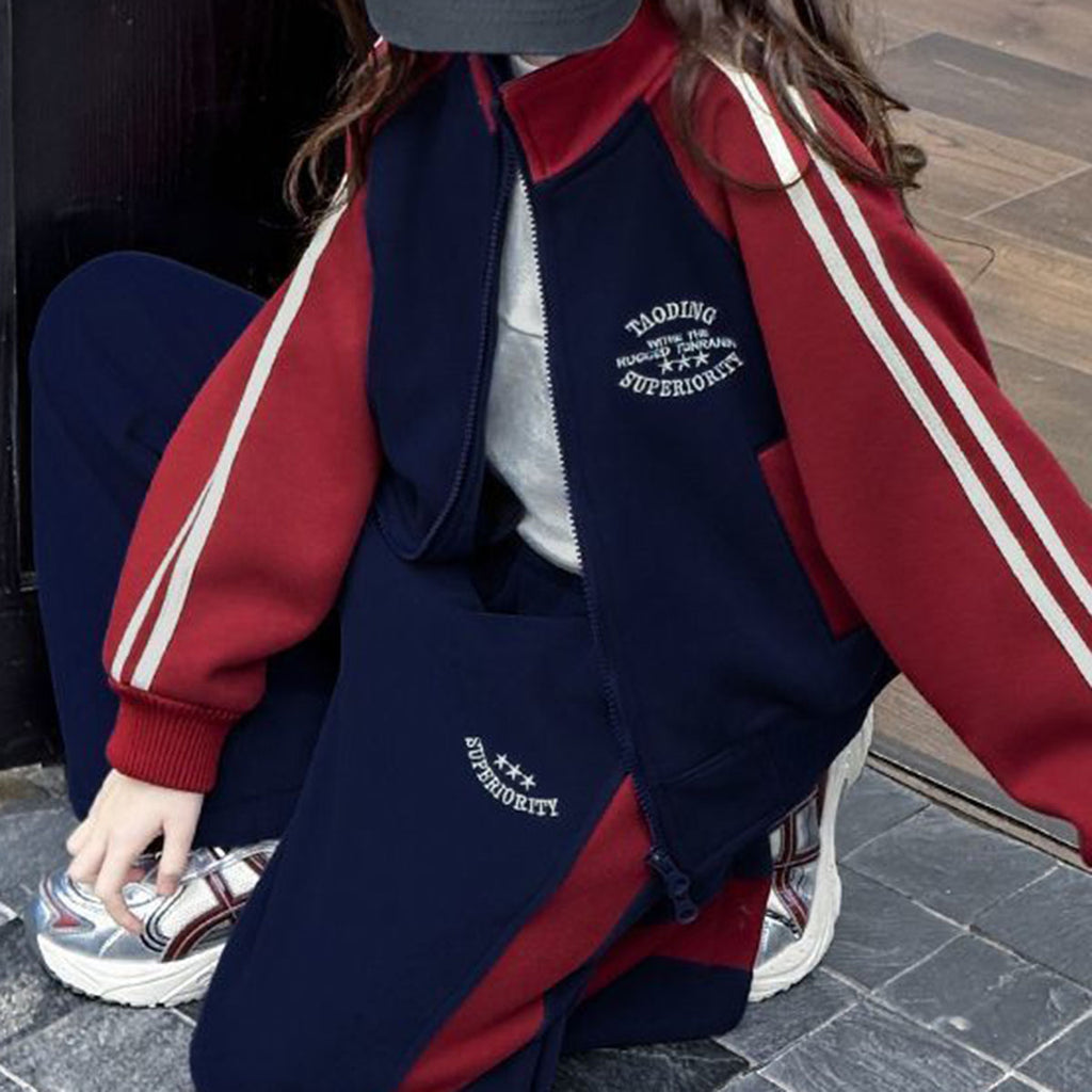 Girls Navy Blue Solid Front Zipper Jacket With Pant Winter Set 2 pc. Sets