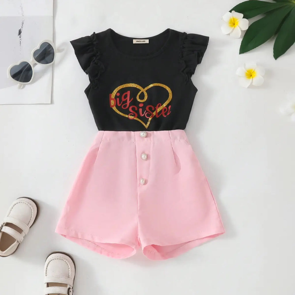 Girls Typographic Printed Top With Pink Shorts Set Sets Pink 3-4 Y