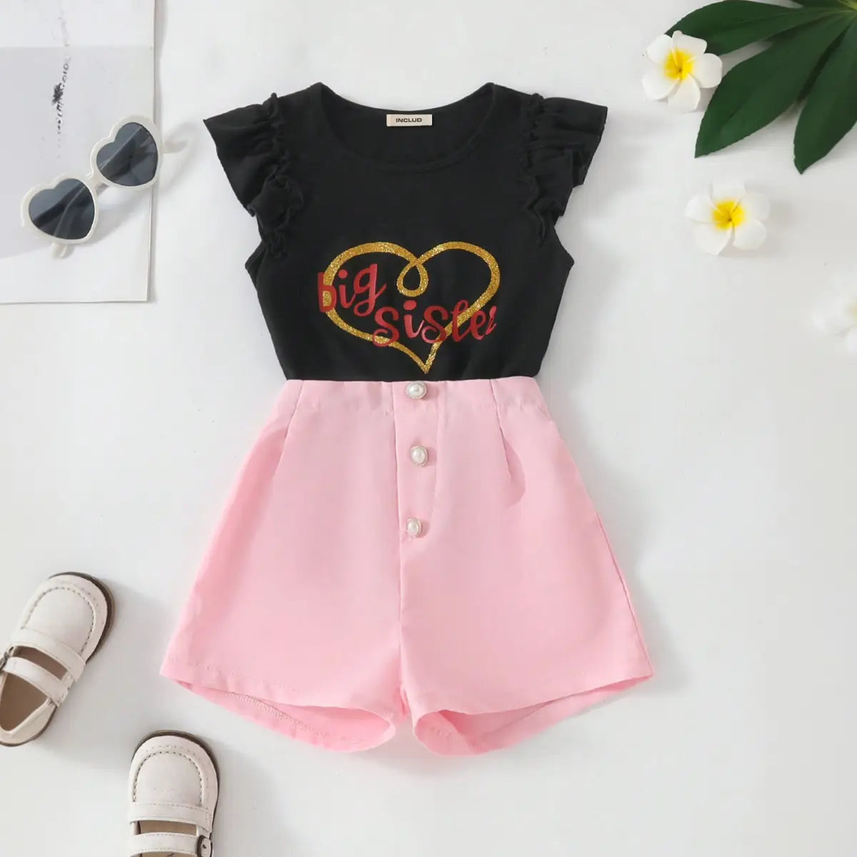 Girls Typographic Printed Top With Pink Shorts Set Sets Pink 3-4 Y