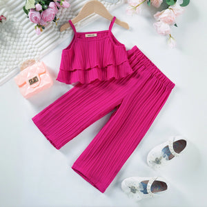 Girls Fuchsia Self Stripes Sleeveless Tiered Top With Pants Co-ord Sets Sets Fuchsia 1-2 Y