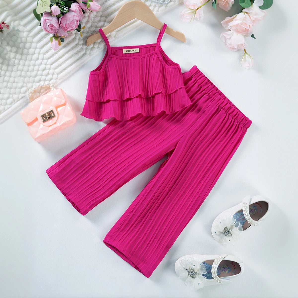 Girls Fuchsia Self Stripes Sleeveless Tiered Top With Pants Co-ord Sets Sets Fuchsia 1-2 Y
