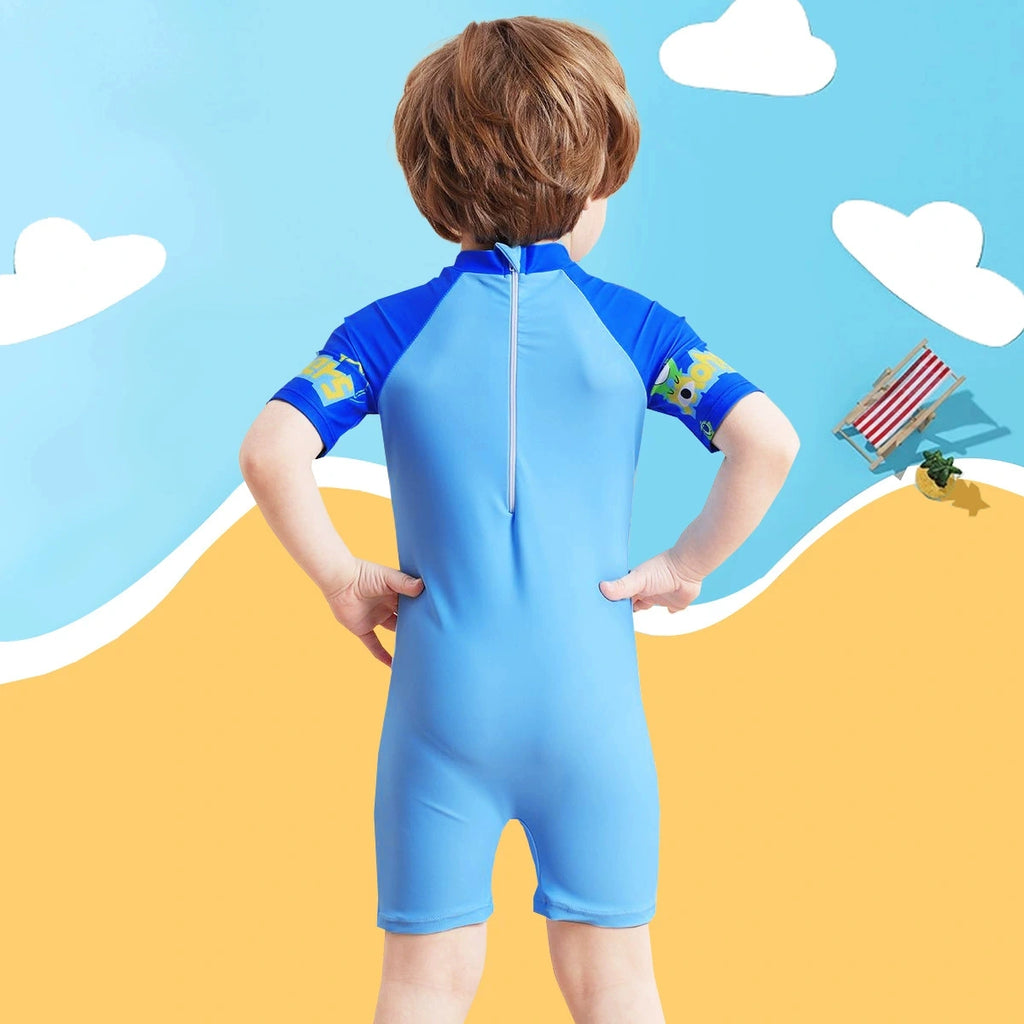 Boys Sky Blue Graphics Short Sleeves Swimwear Romper Jumpsuits