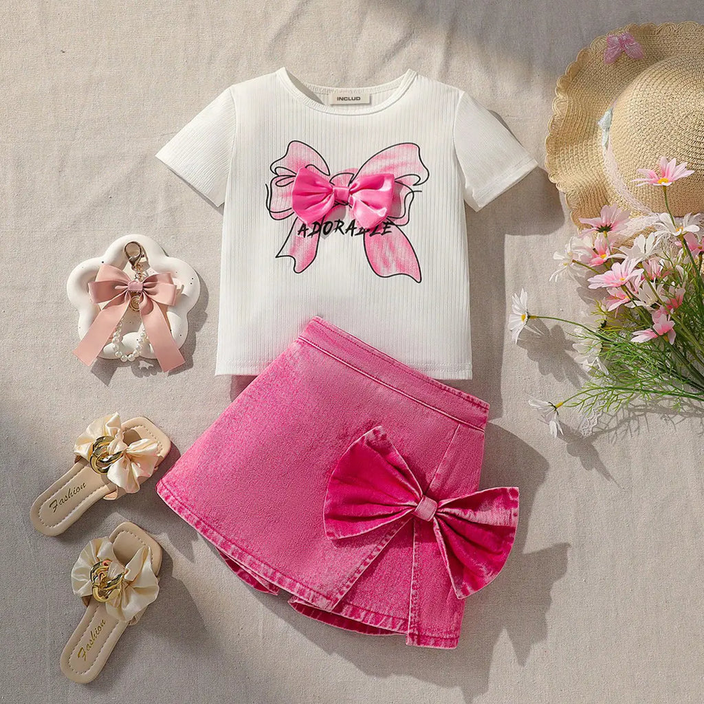 Girls White Bow Printed Short Sleeves Top With Skorts Sets Sets White 2-3 Y