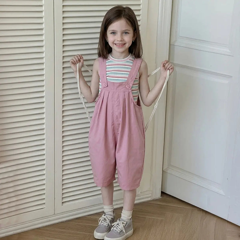 Girls Pink Striped Tank Top With Dungaree Sets Sets Pink 5-6 Y