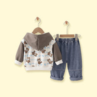 Boys Brown Typographic Hooded Jacket & T-Shirt With Denim Pants Sets Sets