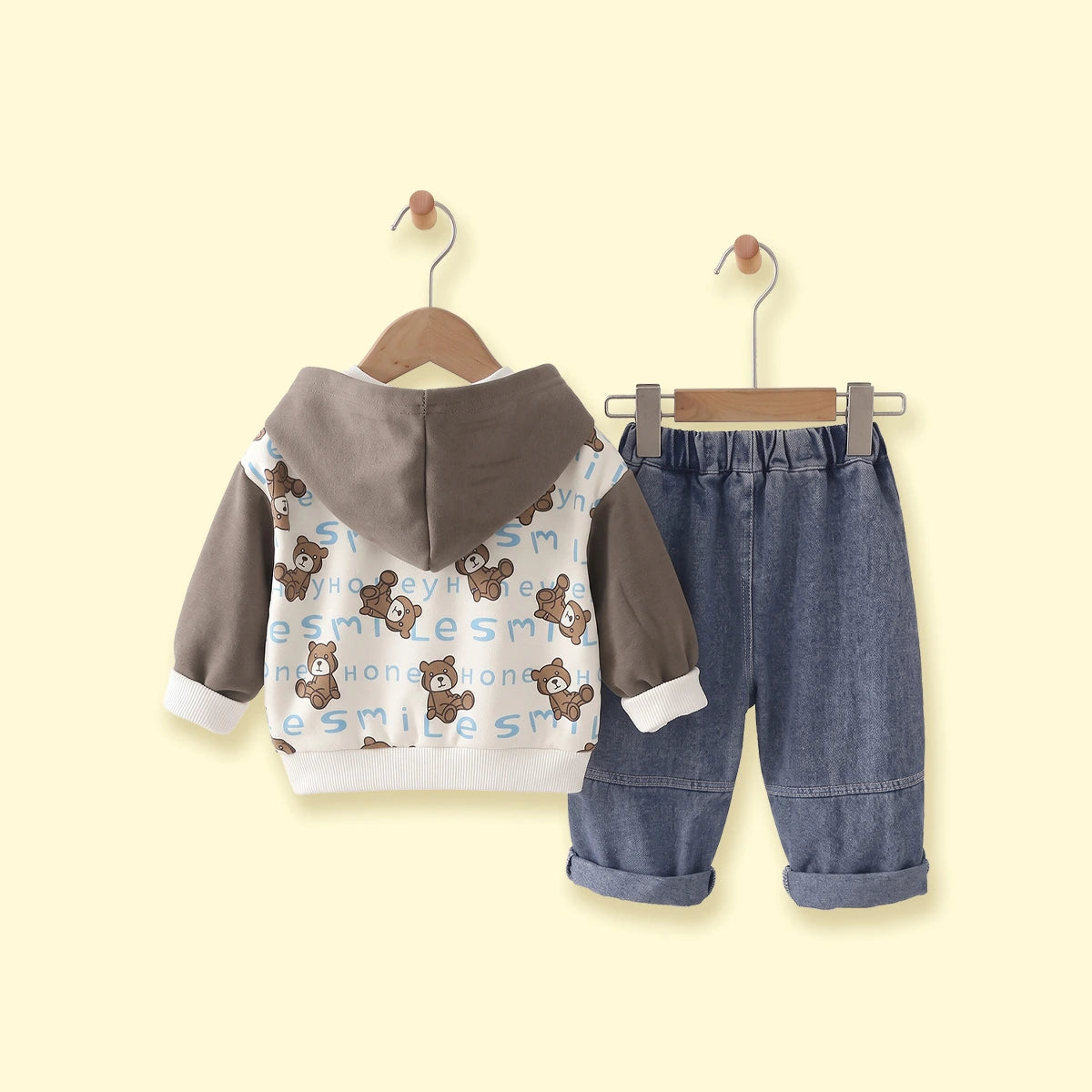 Boys Brown Typographic Hooded Jacket & T-Shirt With Denim Pants Sets Sets