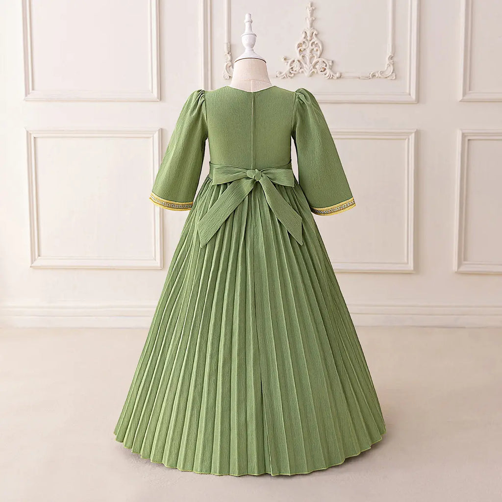 Girls Green Embroidered Maxi Dress With Three-quarter Sleeves Casual Dresses