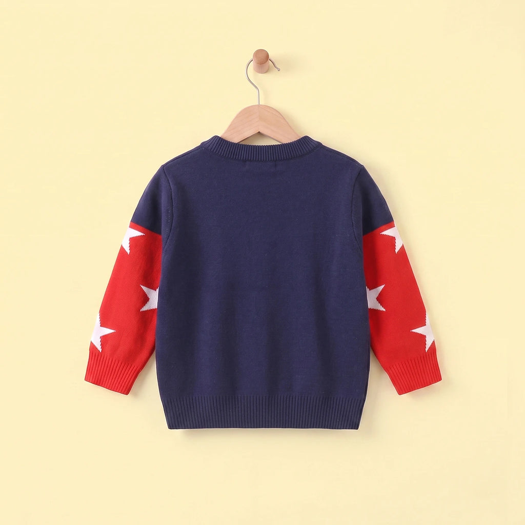 Boys Navy Blue Sweater With Self-Design Reindeer Pattern Sweaters & Cardigans