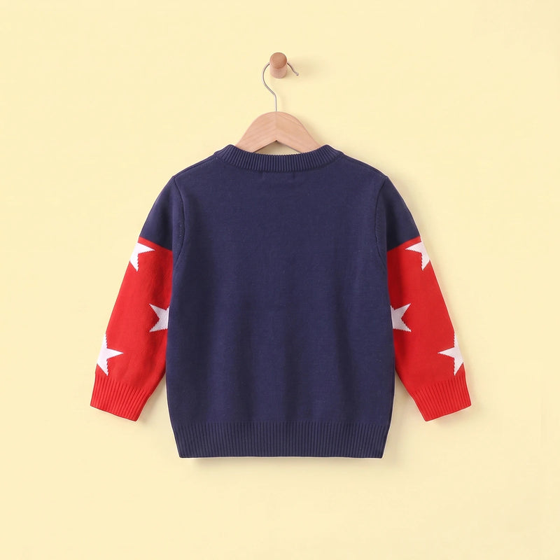 Boys Navy Blue Sweater With Self-Design Reindeer Pattern Sweaters & Cardigans