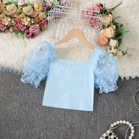 Girls Blue Butterfly Applique Puff Sleeve Top Tops