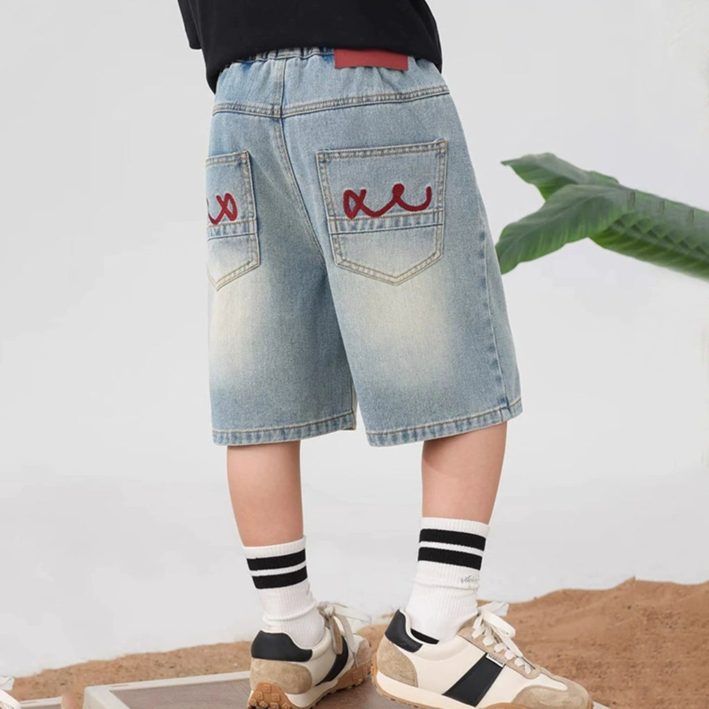 Boys Light Blue Embroidered Relaxed Fit Denim Shorts Shorts