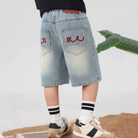 Boys Light Blue Embroidered Relaxed Fit Denim Shorts Shorts